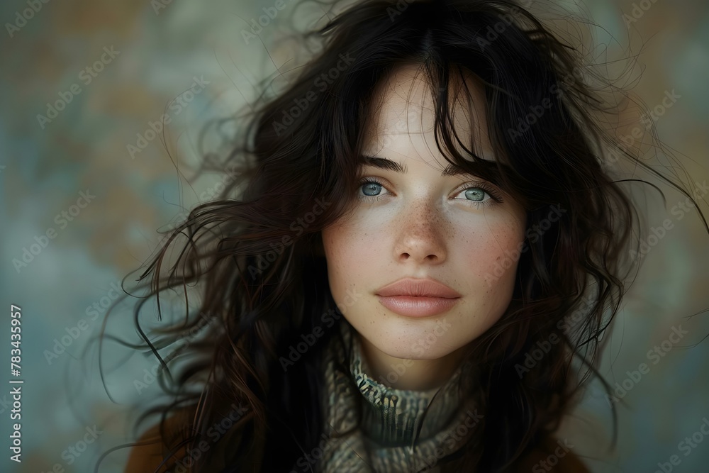 Windswept Elegance: Brunette with Flowing Curls. Concept Elegant Fashion, Windswept Hair, Brunette Beauty, Flowing Curls, Photoshoot Inspiration Windswept Elegance: Brunette with Flowing Curls. Concept Elegant Fashion, Windswept Hair, Brunette Beauty, Flowing Curls, Photoshoot Inspiration