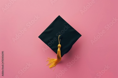 A graduation cap with a gold tassel on a soft pink background with a central placement. photo