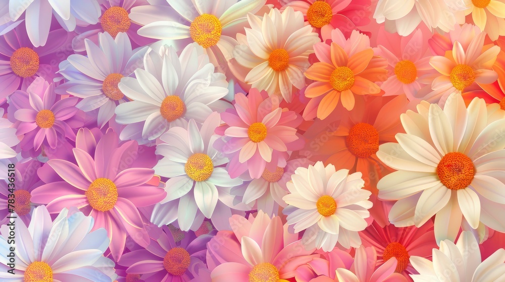 A colorful pattern of various flowers, such as daisies and chrysanthemums, with white petals in the center and pink petal edges surrounding a yellow core A colorful pattern of various flowers, such as daisies and chrysanthemums, with white petals in the center and pink petal edges surrounding a yellow core
