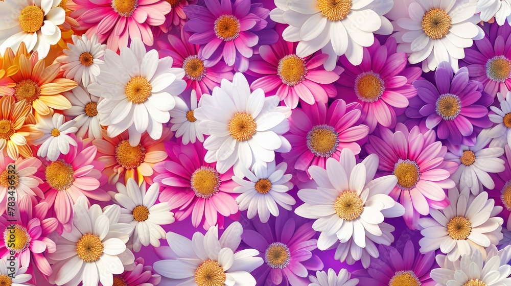 A colorful pattern of various flowers, such as daisies and chrysanthemums A colorful pattern of various flowers, such as daisies and chrysanthemums