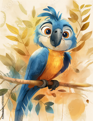Watercolor illustration of a cute and friendly parrot, macaw. Tropical birds. Cute watercolor animals. Generative AI