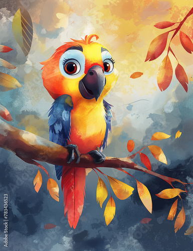 Illustration of a cute and friendly parrot, macaw. Tropical birds. Cute watercolor animals. Generative AI