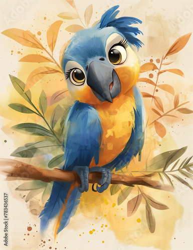 Illustration of a cute and friendly parrot, macaw. Tropical birds. Cute watercolor animals. Generative AI