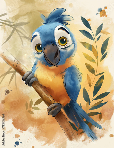Illustration of a cute and friendly parrot, macaw. Tropical birds. Cute watercolor animals. Generative AI