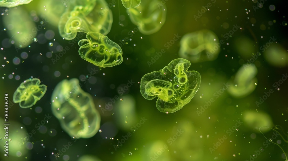A group of Euglenoids resembling tiny green jelly beans swimming together in a drop of freshwater. Each organism has a distinct shape A group of Euglenoids resembling tiny green jelly beans swimming together in a drop of freshwater. Each organism has a distinct shape