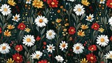 A seamless pattern of colorful wildflowers, including daisies and red flowers on a dark green background