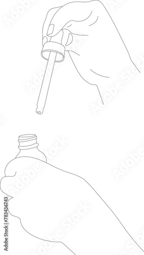 Female hands holds pipette for skincare with oil serum bottle, cream. Hand draw vector illustration 
