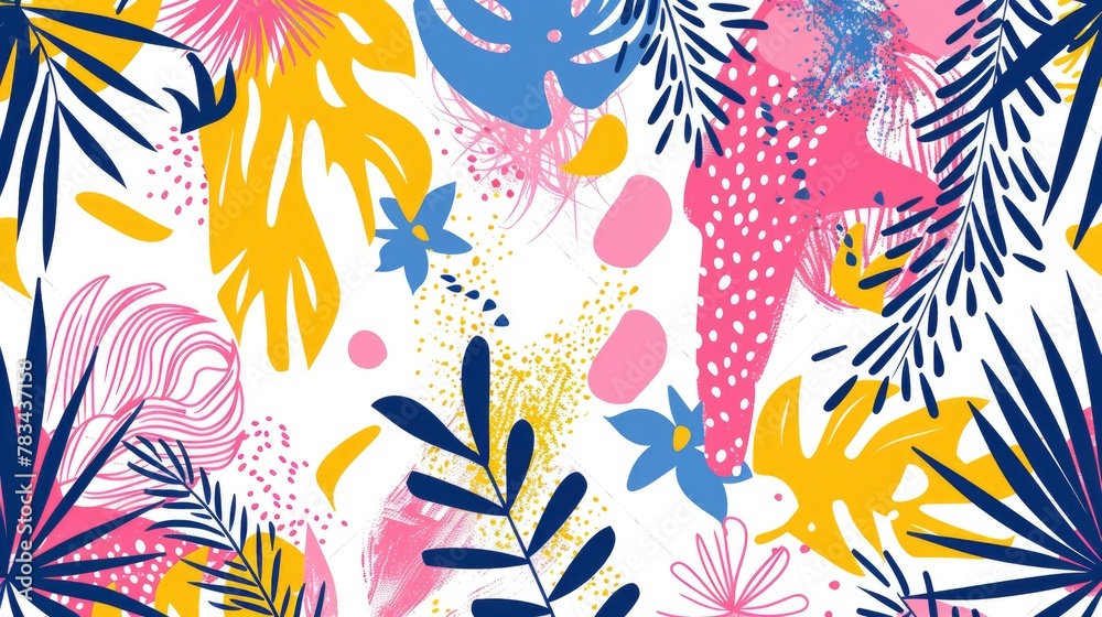 Abstract seamless pattern with hand drawn tropical elements in pink, blue and yellow colors on a white background Abstract seamless pattern with hand drawn tropical elements in pink, blue and yellow colors on a white background
