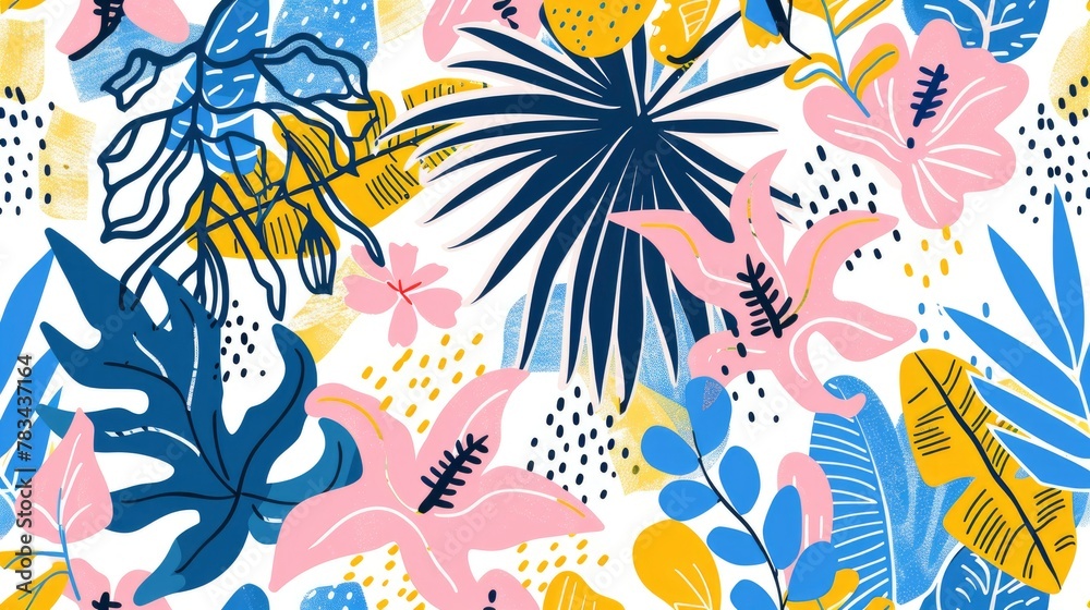 Abstract seamless pattern with hand drawn tropical elements in pink, blue and yellow colors on a white background