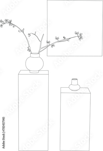 Flowers in a vase contour set. Simple doodle style for postcards, notebooks, stickers, design. Black and white. Graceful, lovely flowers, a decorative element. Vector stock illustration.