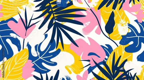 Abstract seamless pattern with hand drawn tropical elements in pink, blue and yellow colors on a white background © CgDesign4U