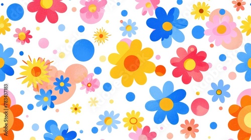 Colorful flower background illustration, flat geometric style with colorful circles and flowers on white background, simple shapes, colorful floral pattern