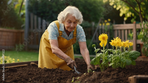 An old woman plants flowers and plants in the soil in her garden; gardening is her grandmother's favorite pastime. photo