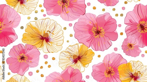pink and yellow floral pattern with a white background  illustration in the style of a seamless pattern  pink poppies in the line art style