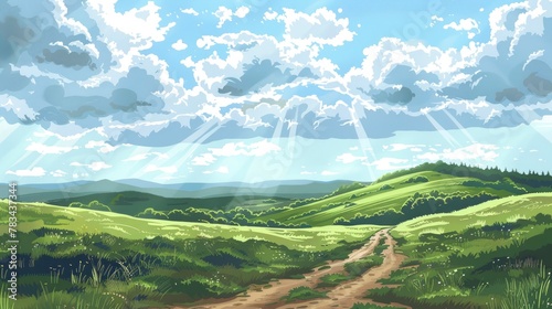Researcher Oigra Kurilova's  illustration of the Russian countryside, featuring rolling green hills under a blue sky with white clouds and rays of sunlight breaking through photo