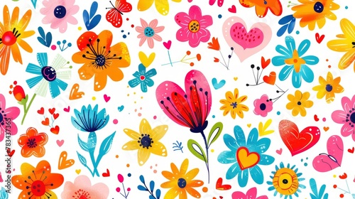 seamless pattern, cute colorful flowers and hearts on a white background, flat illustration in high resolution with high details, professional design, digital art