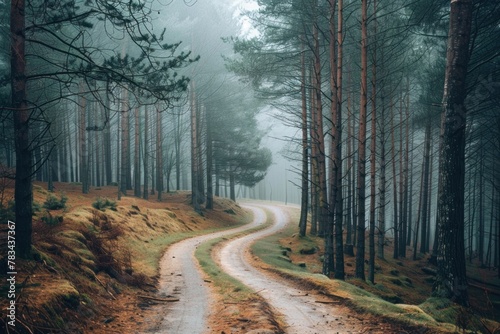 A winding dirt road through a misty pine forest.