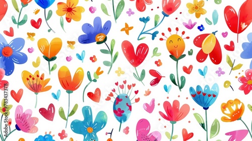 seamless pattern, cute colorful flowers and hearts on a white background, flat illustration in high resolution with high details, professional design, digital art