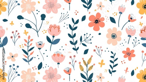 Seamless spring floral pattern with cute cartoon flowers and leaves in pastel colors on white background  © CgDesign4U