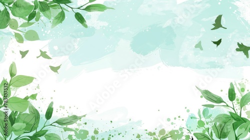 Spring background with green leaves and white space for text  illustration  in the style of Japanese minimalism  with pastel colors  spring motifs
