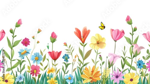 Spring colorful flowers border with white background illustration, clip art for graphic design , flat style, colorful