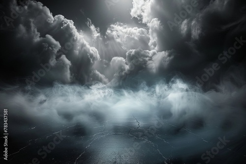Abstract image of dark room concrete floor. Black room or stage background for product placement.Panoramic view of the abstract fog. White cloudiness  mist or smog moves. generative ai.
