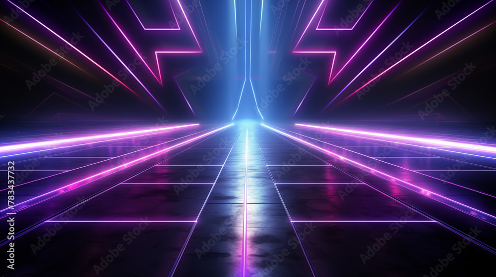 Neon Grid Floor with Futuristic Blue Light Corridor Neon Grid Floor with Futuristic Blue Light Corridor