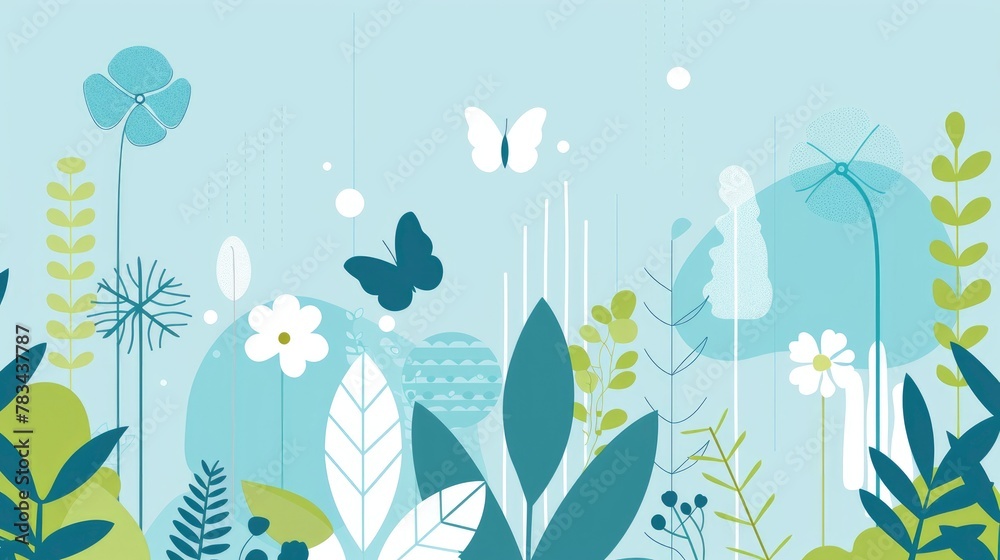 illustration of spring, flat design with geometric shapes and lines in blue, green and white colors