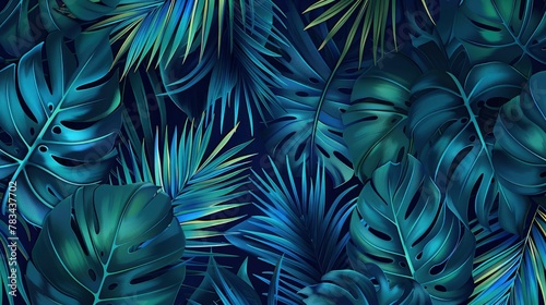 Tropical leaves seamless pattern, navy blue and teal color palette, illustration in the style of dark skyblue and light green