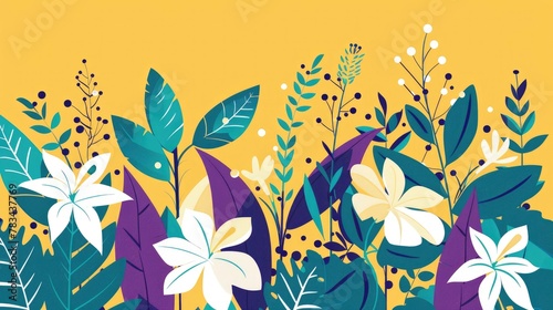 flat illustration with simple leaves and flowers in purple, teal green, and white colors on a yellow background