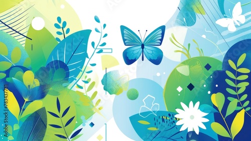 Vector illustration of spring  flat design with geometric shapes and lines in blue  green and white colors