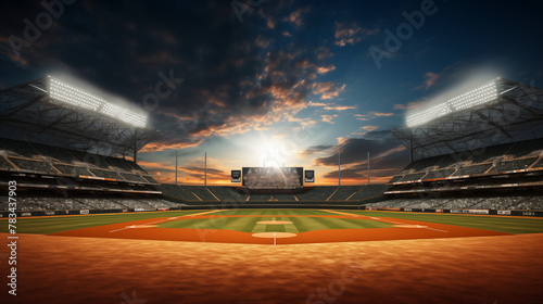 Dramatic Sunset Over Empty Baseball Stadium photo