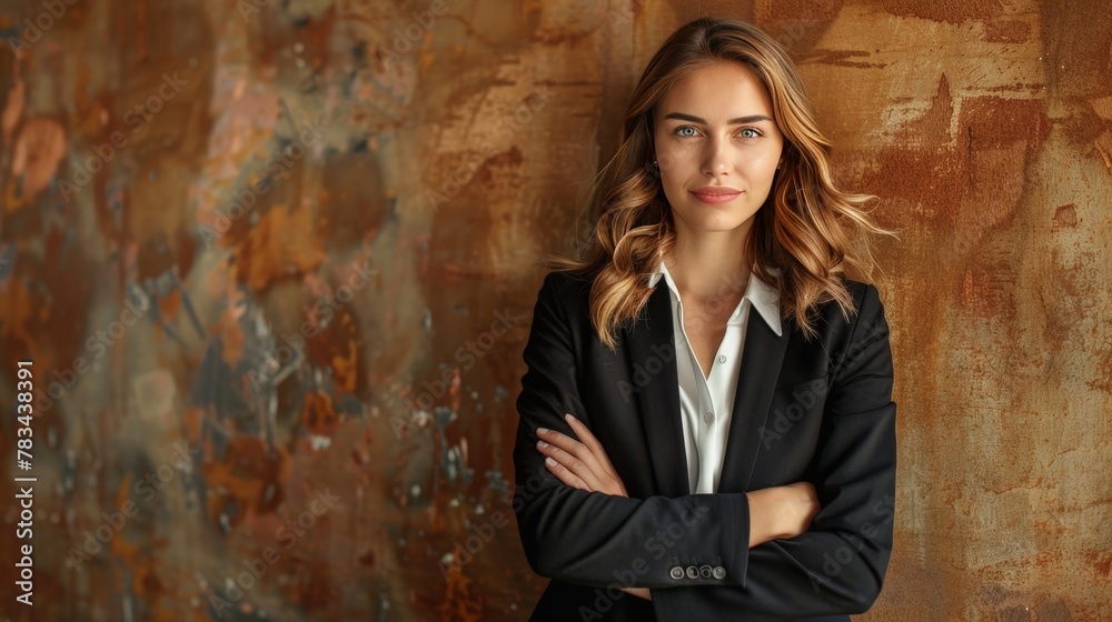 blond business woman with arms folded, golden brown background, copy space