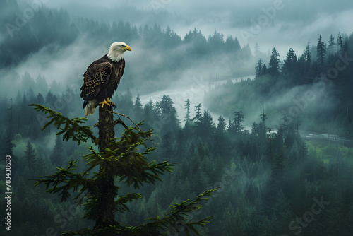Majestic Bald Eagle Overseeing the Lush Northwest Wilderness Landscape © Cody
