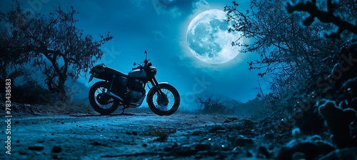 Moonlit Desert Landscape: Mesmerizing Silhouette of a Bike Amidst the Sands, Evoking Adventure and Serenity, Perfect for Inspirational and Tranquil Concepts in Travel, Exploration, and Freedom