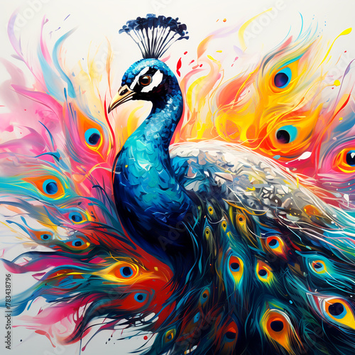 Peacock. Peacock beautiful bird design, colorful paints splash. portrait of a male peacock.