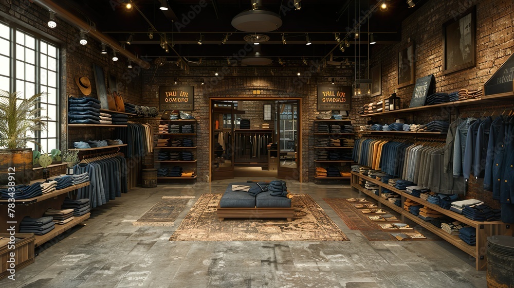 A clothing store with a modern, sleek interior designed to showcase casual clothing and denim jeans
