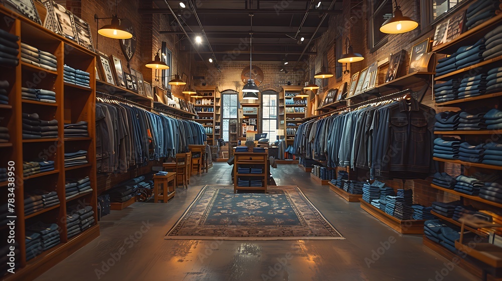 A clothing store with a modern, sleek interior designed to showcase casual clothing and denim jeans