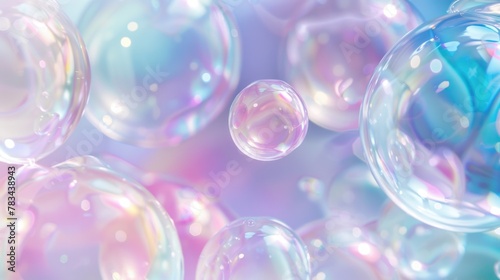 Iridescent soap bubbles floating, translucent and reflective surface