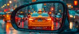 Urban Rhythm: Raindrops and Lights in Rearview. Concept Cityscape Photography, Urban Aesthetics, Nighttime Captures, Rainy Days, Light Reflections