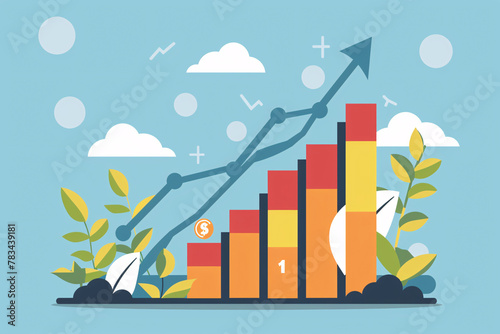 Vector graphic of a rising bar graph with financial and eco icons in a blue sky