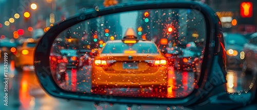 Urban Rhythm: Raindrops and Lights in Rearview. Concept Cityscape Photography, Urban Aesthetics, Nighttime Captures, Rainy Days, Light Reflections