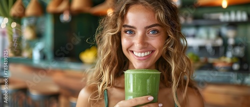 Radiant Smile with a Green Smoothie Twist. Concept Healthy Habits  Green Smoothies  Wellness Tips  Smiling Faces  Radiant Health