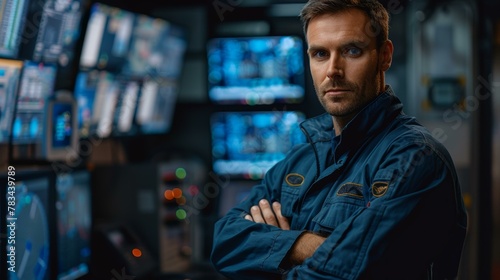 Confident caucasian man in blue coveralls with arms crossed in high-tech control room, multiple screens, serious expression.