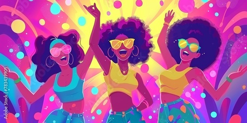 Three joyful cartoon women dancing at colorful retro party, with vibrant background.