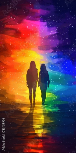 Two silhouetted women walking under vibrant rainbow sky with stars, colorful reflection on water, concept of friendship and diversity. Copy space.