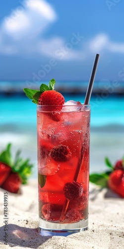 Red berry cocktail with strawberries, raspberries, and mint on tropical beach background, refreshing summer drink concept, vibrant colors. Copy space.