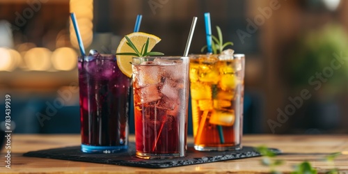 Three colorful iced drinks with straws on bar counter, summer cocktails, cool beverages, blur background.