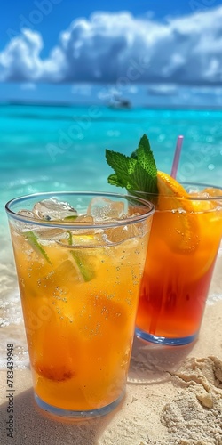 Two tropical cocktails on sandy beach with clear blue sea background, vibrant orange drinks with mint and straw. Copy space.