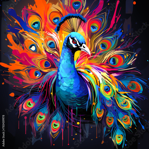 Peacock watercolor. Beautiful bird design, colorful paints splash